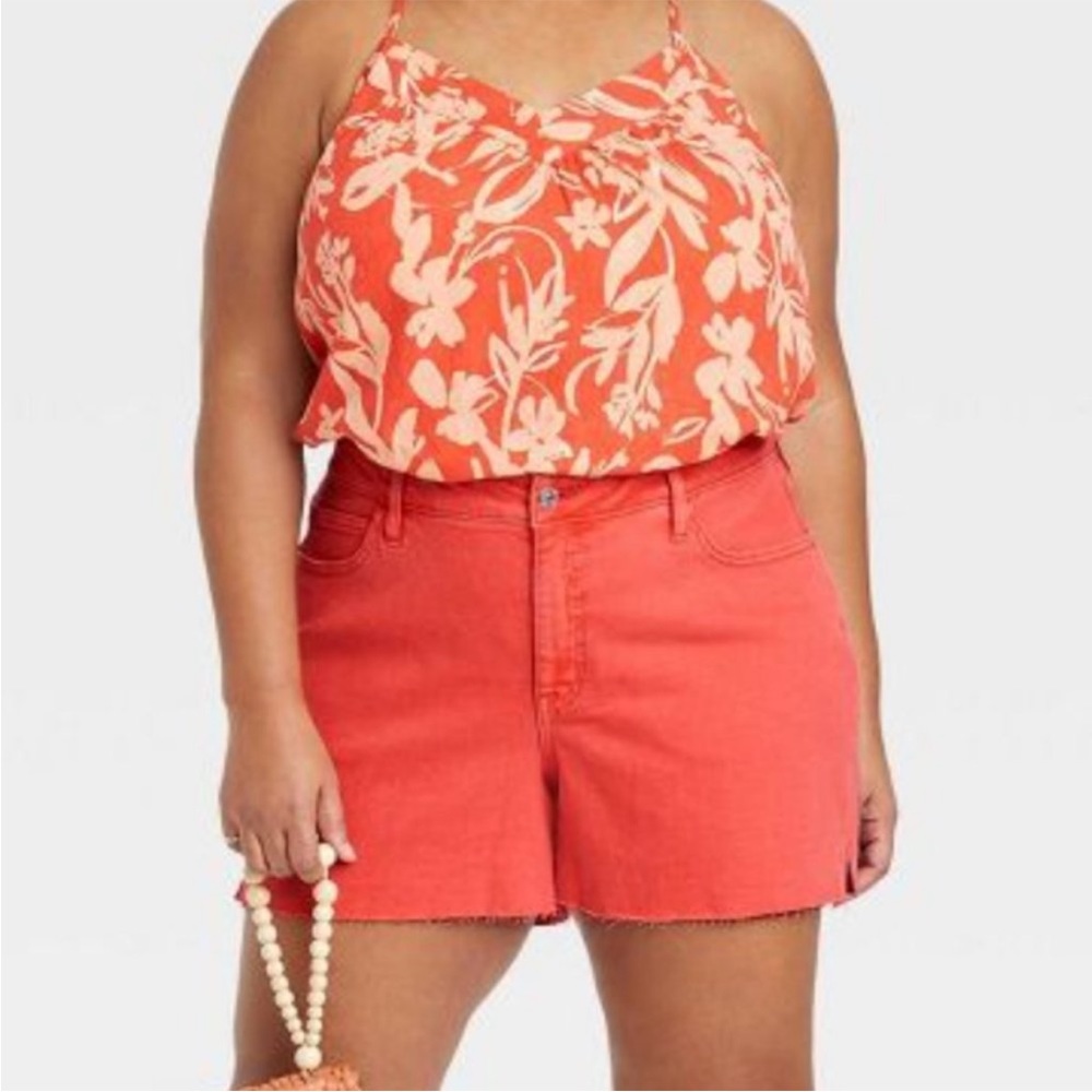 NEW! Plus Size High-Rise Stretch Denim Jean Shorts, Ava & Viv - Orange/coral